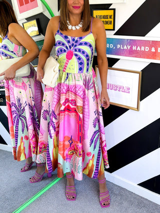 Escape To Paradise - Pink & Lilac Tropical Midi Dress