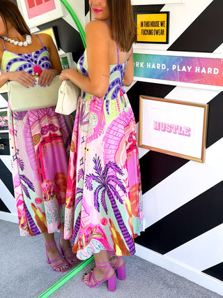 Escape To Paradise - Pink & Lilac Tropical Midi Dress