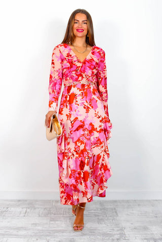 Feeling Flirty - Pink Peach Floral Ruche Detail Ruffle Midi Dress