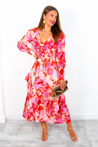 Feeling Flirty - Pink Peach Floral Ruche Detail Ruffle Midi Dress