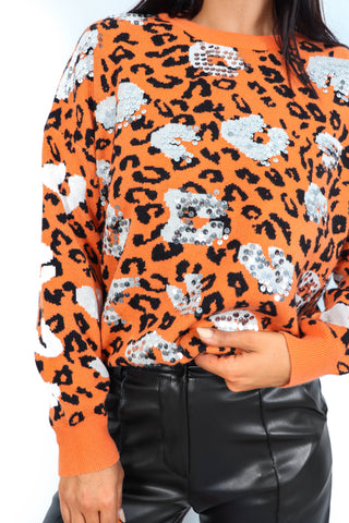 Feline Sparkly - Orange Sequin Leopard Print Knitted Jumper
