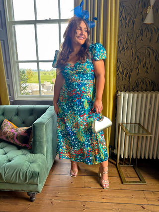 Floral Frenzy - Blue Floral Lurex Midi Dress