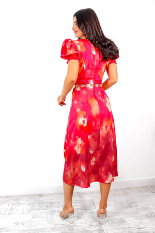 Floral Frenzy - Pink Orange Floral Print Midi Dress