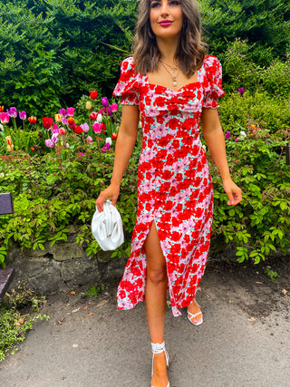 Floral Frenzy - Pink Orange Floral Print Midi Dress