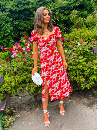 Floral Frenzy - Pink Orange Floral Print Midi Dress