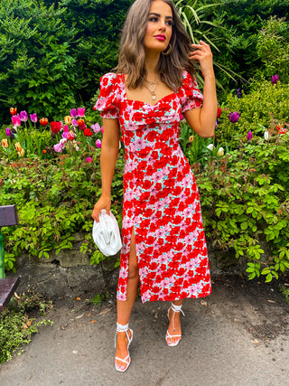 Floral Frenzy - Pink Orange Floral Print Midi Dress