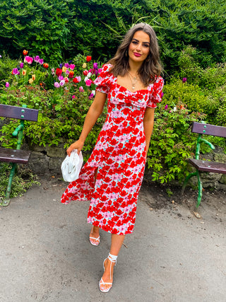 Floral Frenzy - Pink Orange Floral Print Midi Dress