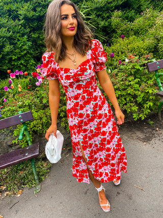 Floral Frenzy - Pink Orange Floral Print Midi Dress