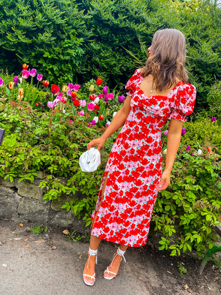 Floral Frenzy - Pink Orange Floral Print Midi Dress