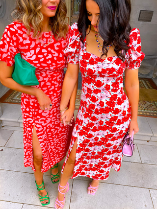Floral Frenzy - Pink Orange Floral Print Midi Dress
