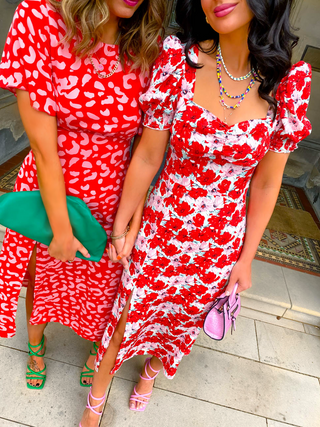 Floral Frenzy - Pink Orange Floral Print Midi Dress