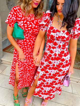 Floral Frenzy - Pink Orange Floral Print Midi Dress