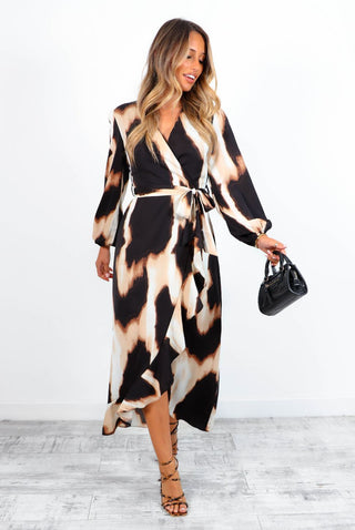 Full of Confidence - Neutral Animal Print Midi Wrap Dress