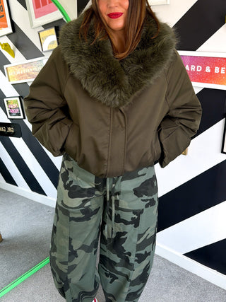 Fur-Lined & Fabulous - Khaki Faux Fur Lined bomber Jacket