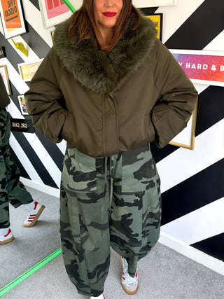 Fur-Lined & Fabulous - Khaki Faux Fur Lined bomber Jacket