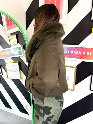 Fur-Lined & Fabulous - Khaki Faux Fur Lined bomber Jacket