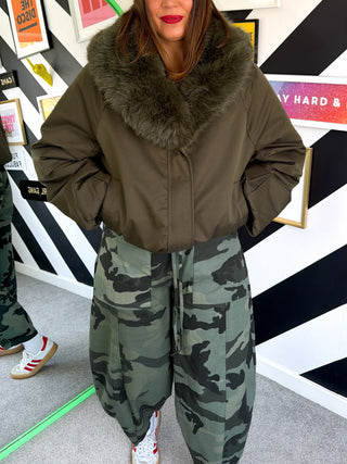 Fur-Lined & Fabulous - Khaki Faux Fur Lined bomber Jacket