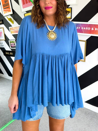 Gathering Compliments - Blue Gathered Oversized Top