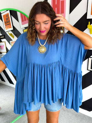 Gathering Compliments - Blue Gathered Oversized Top