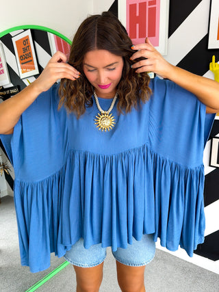 Gathering Compliments - Blue Gathered Oversized Top