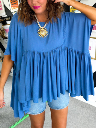 Gathering Compliments - Blue Gathered Oversized Top