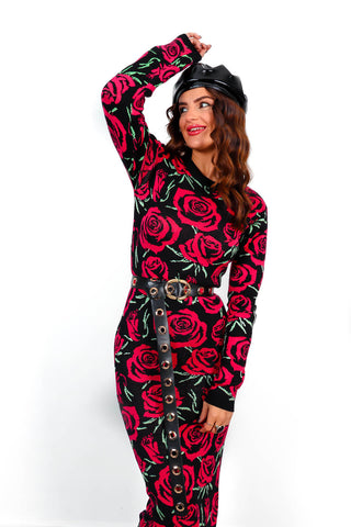 Give Me Roses - Black Red Rose Print Knitted Midi Dress