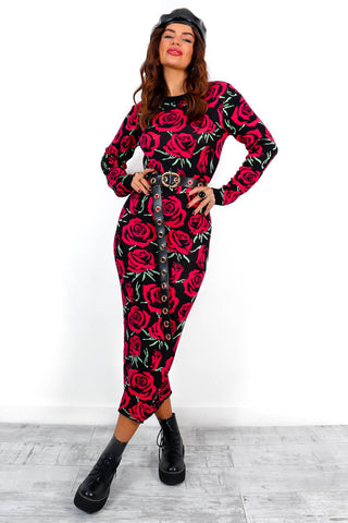 Give Me Roses - Black Red Rose Print Knitted Midi Dress