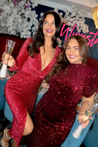 Don't Make Me Wait - Wine Sequin Plunge Midi Dress