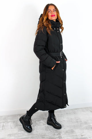 Good As Cold - Black Silver Detail Long Puffer Coat