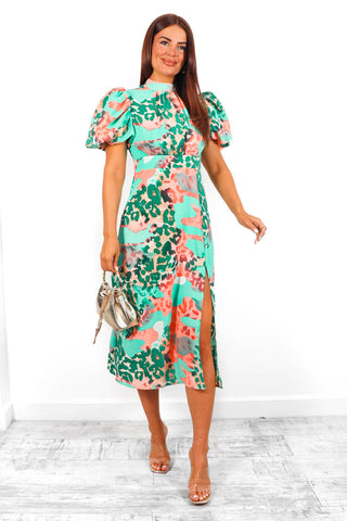 Got The Flower - Green Orange Leopard Print Midi Dress