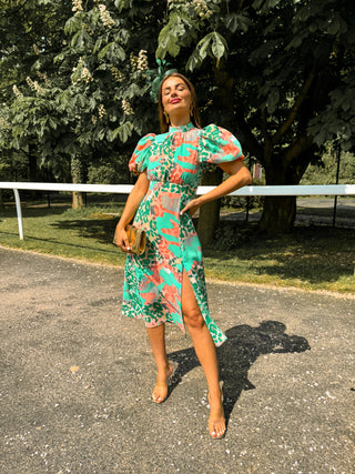 Got The Flower - Green Orange Leopard Print Midi Dress