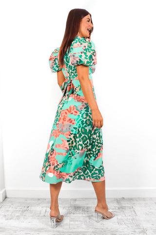 Got The Flower - Green Orange Leopard Print Midi Dress