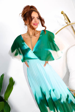 Timeless - Green Blue Ombre Pleated Maxi Dress