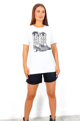 Western Wonder - White Black Cowboy Boots Graphic Top