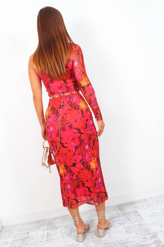 Mesh To Impress - Pink Floral One Shoulder Mesh Midi Dress