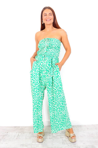 Shirred Madness - Green Leopard Shirred Jumpsuit
