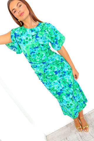 Date Night Dream - Green Blue Floral Print Ruched Midi Dress