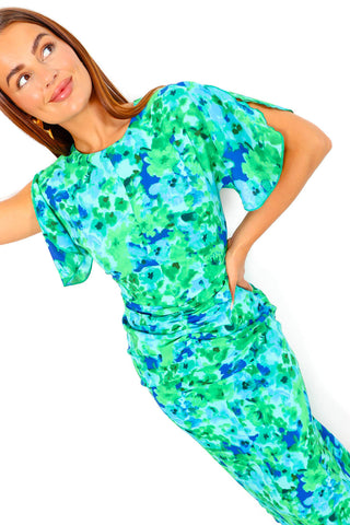 Date Night Dream - Green Blue Floral Print Ruched Midi Dress