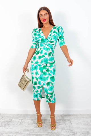 Love You Knots - Green Printed Knot Front Midi Dress