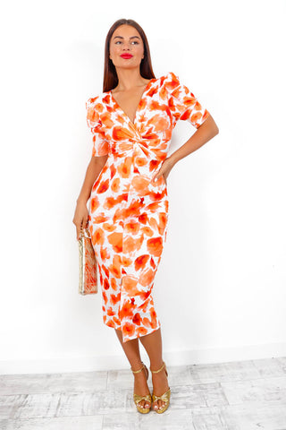 Love You Knots - Orange Printed Knot Front Midi Dress