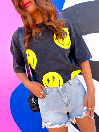 She's All Smiles - Acid Wash Yellow T-Shirt Dress