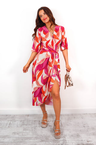 Wrap Me Up - Pink Orange Printed Midi Dress