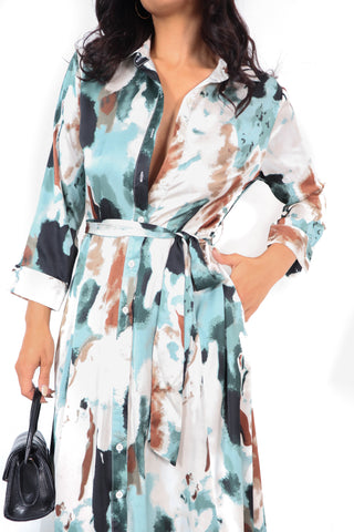 The Girl Is Wild - Green Blue Abstract Printed Midi Dress