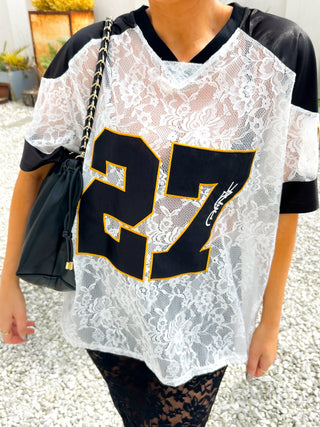She Takes First Lace - Black & White Lace Varsity Football T-shirt