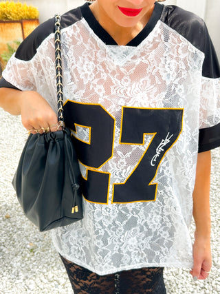 She Takes First Lace - Black & White Lace Varsity Football T-shirt