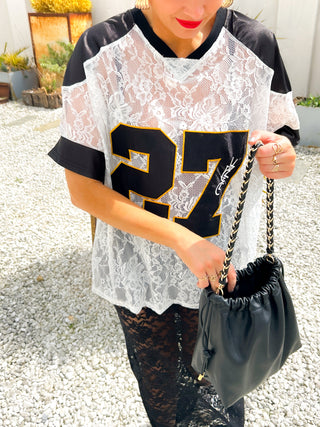 She Takes First Lace - Black & White Lace Varsity Football T-shirt