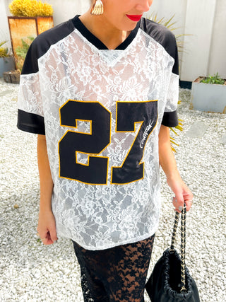 She Takes First Lace - Black & White Lace Varsity Football T-shirt