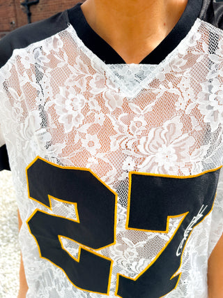 She Takes First Lace - Black & White Lace Varsity Football T-shirt