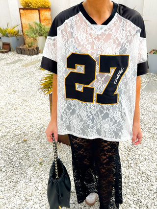 She Takes First Lace - Black & White Lace Varsity Football T-shirt