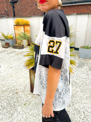 She Takes First Lace - Black & White Lace Varsity Football T-shirt